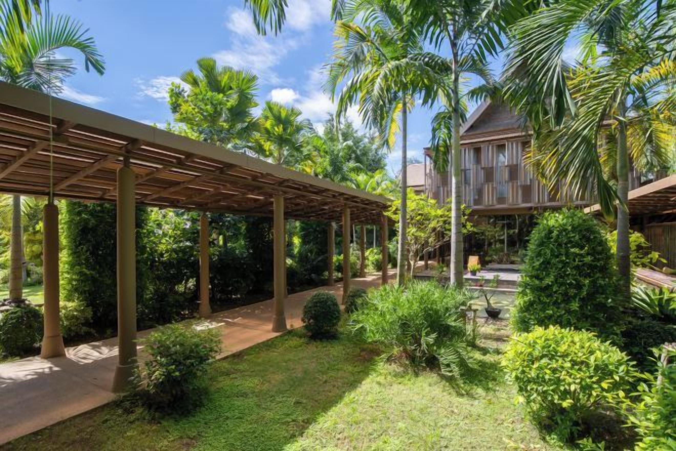 A covered outdoor area with a pathway, surrounded by lush greenery and palm trees.