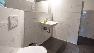 A bathroom with a toilet, a sink, and a shower area.