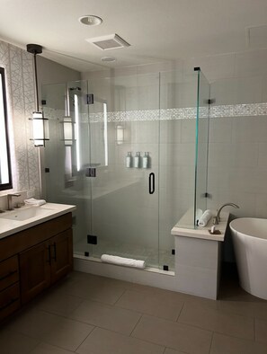 A modern bathroom with a glass-enclosed shower, a vanity with a sink, and a large mirror.
