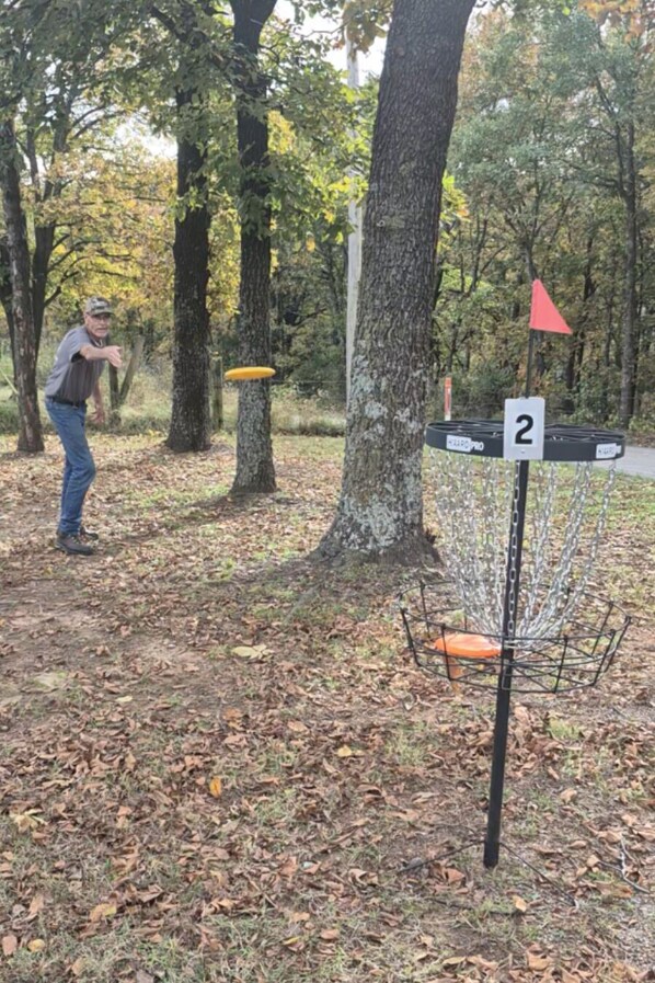 A disc golf basket with a number 2 sign, surrounded by trees and a person in a cap.