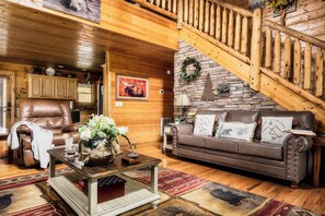 TV, fireplace, books, offices