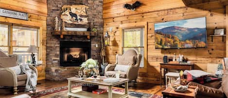 Fernseher, Kamin, Bücher, Arbeitsbereiche