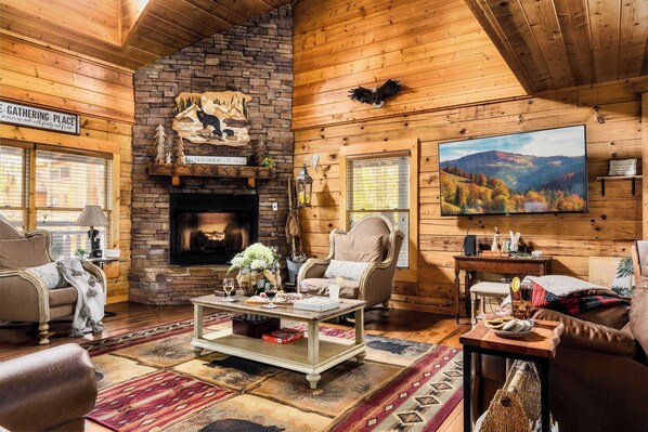 TV, peis, bøker og kontorer