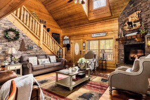 TV, fireplace, books, offices