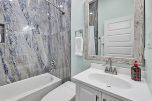 Hair dryer, towels, soap, shampoo