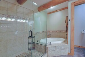 Hair dryer, towels, soap, toilet paper