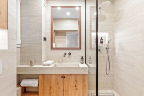 Hair dryer, towels, soap, toilet paper