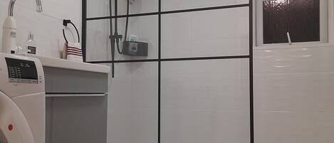 Shower, hair dryer, towels, soap
