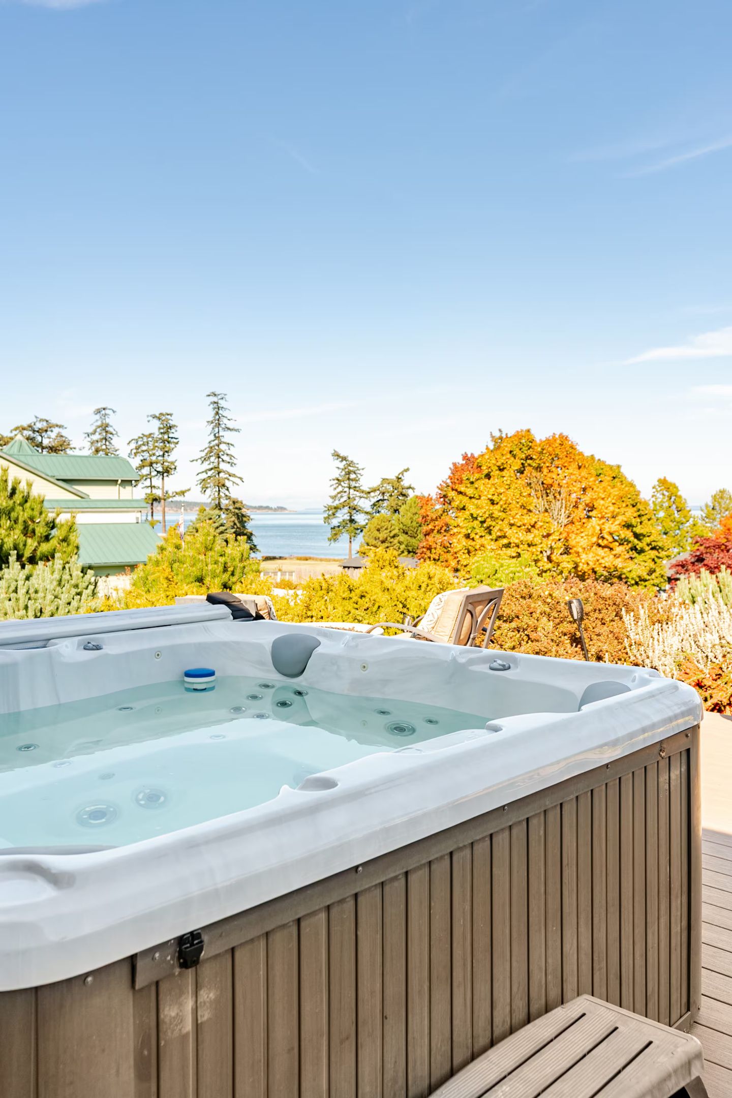 The hot tub is available year round and fully sanitized before your stay. You can access the tub through the living room sliders or the sliders in the primary bedroom.