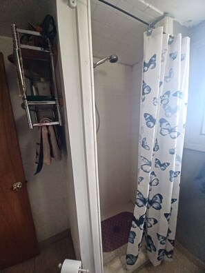 Douche, sĂšche-cheveux, serviettes fournies, savon