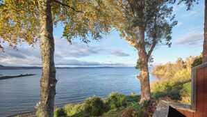 A lakeside view with trees, a wooden deck, and a distant shoreline.