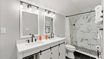 Hair dryer, towels, soap, toilet paper