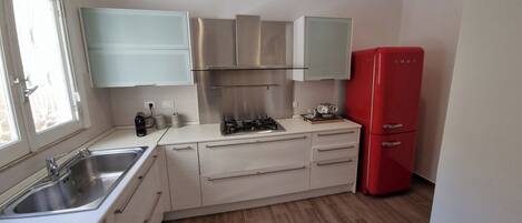 Fridge, oven, stovetop, coffee grinder