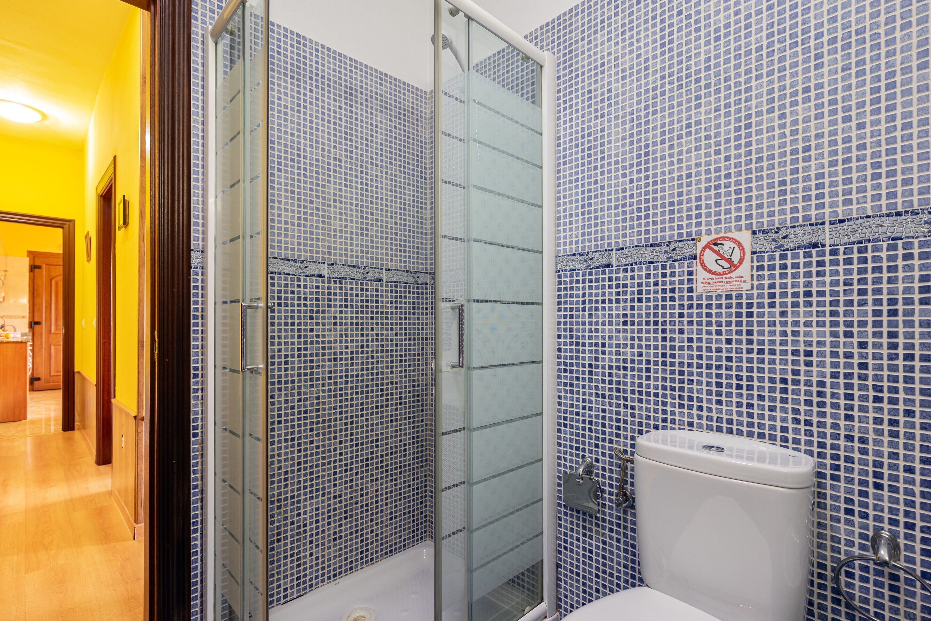 Een badkamer met blauwe mozaïektegels, een glazen douchecabine en een toilet.