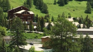 Una residenza a più piani con un balcone, immersa in un pendio boscoso.