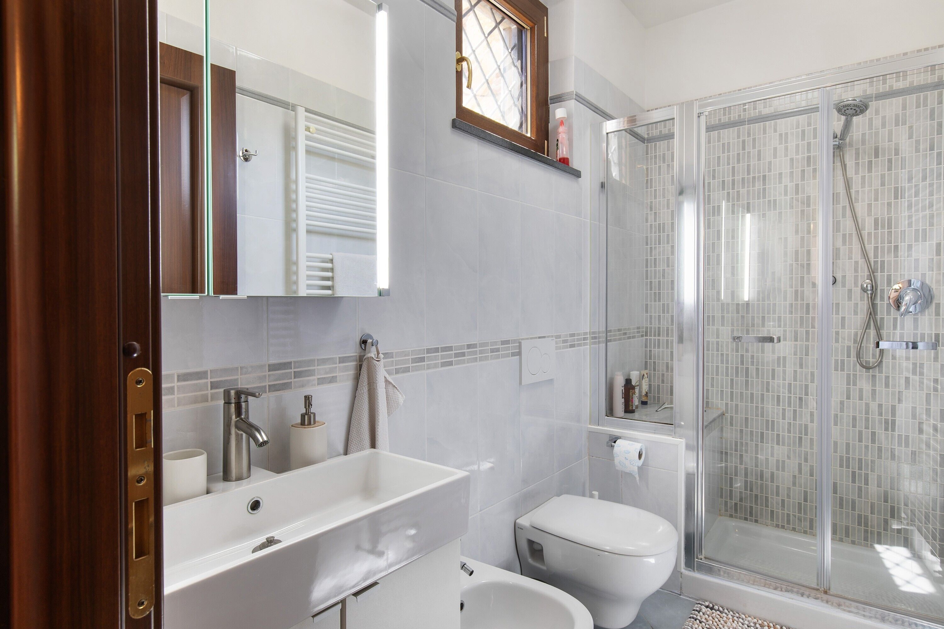 Shower, hair dryer, towels