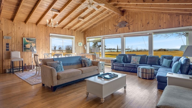 Un vaste salon doté de planchers et de plafonds en bois, de grandes fenêtres offrant une vue sur l’extérieur, d’un canapé beige, d’un canapé bleu et d’une table basse blanche.