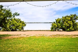 Vista de una playa con árboles y un cielo despejado.