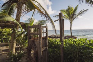 On the beach, sun-loungers, beach towels