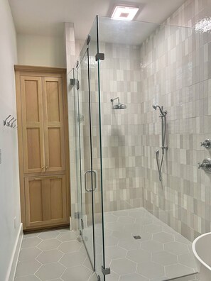 Hair dryer, towels, soap, toilet paper