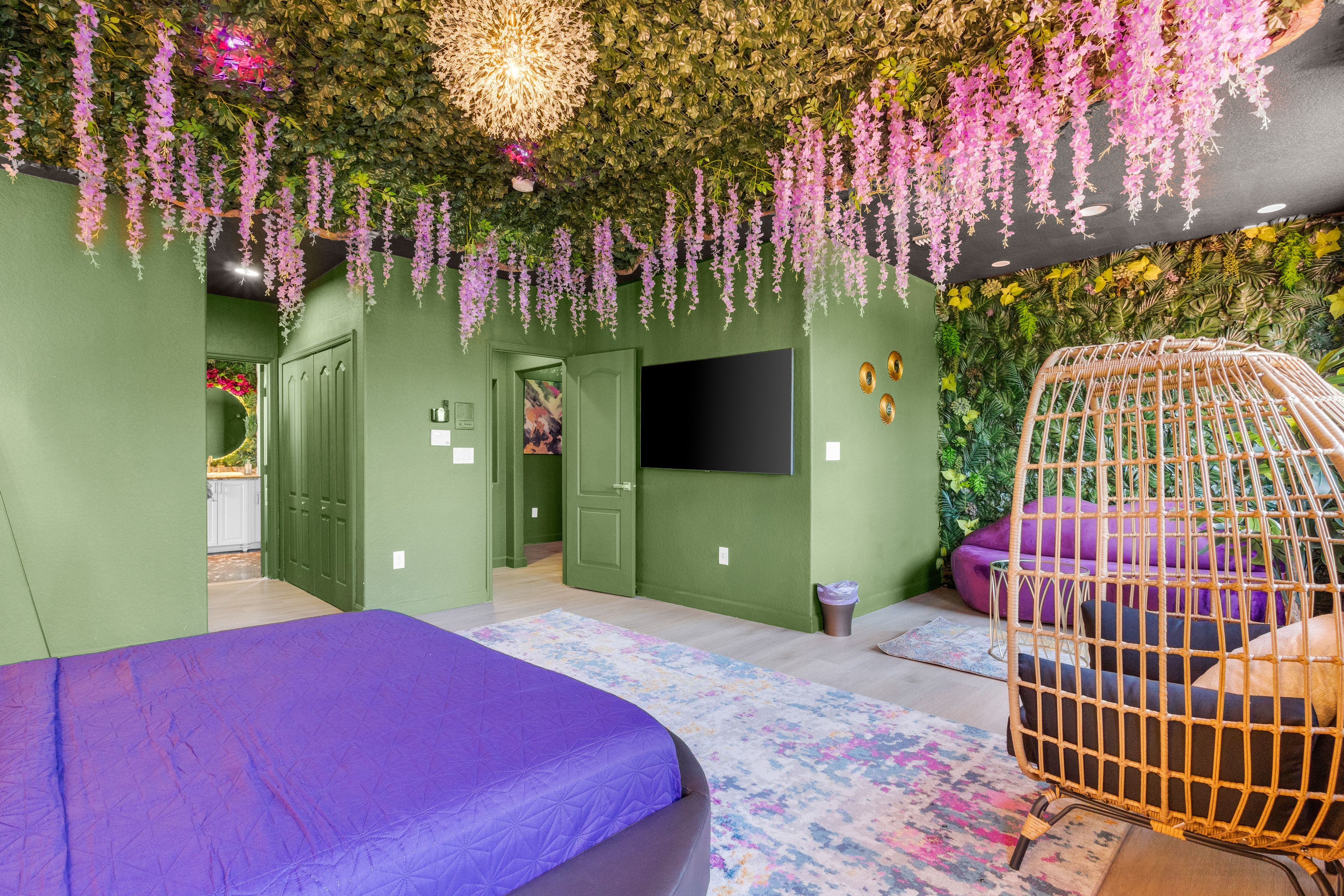 A room with a bed, a television, a hanging plant, and a wicker chair.