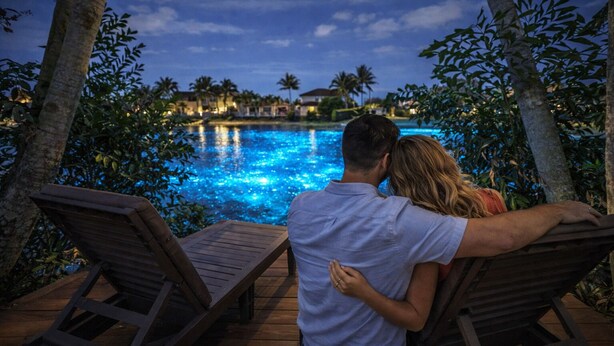 Um casal se abraça à beira da piscina, com vista para um resort tropical ao entardecer.