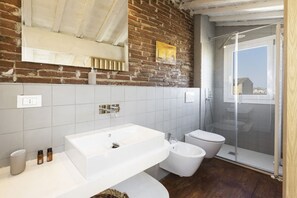 Shower, hair dryer, bidet, towels