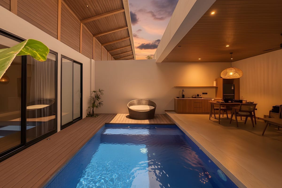 Piscina interior moderna com deck de madeira, área de estar com cadeira de vime e espaço de refeições com luminária pendente.