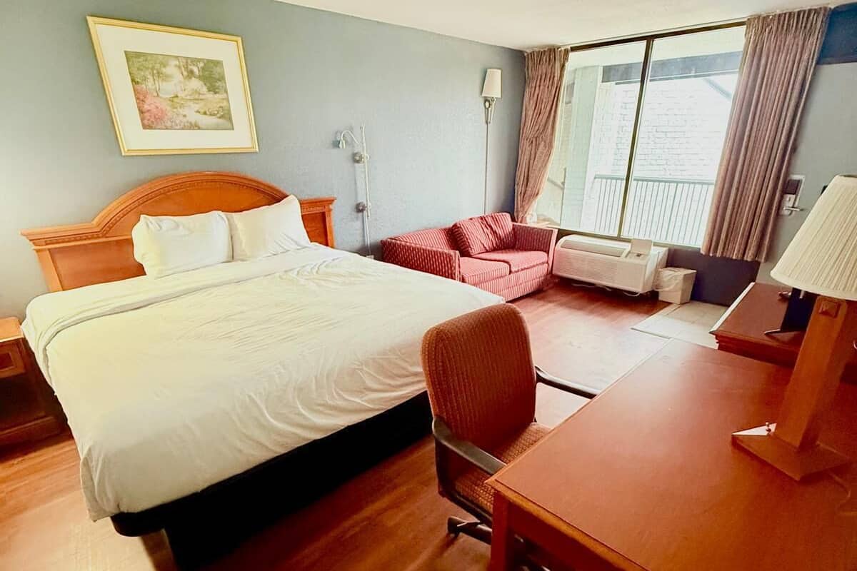 A hotel room with a large bed, a desk, a chair, a sofa, and a window with curtains.