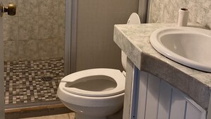 Un baño con inodoro, ducha y lavamanos.