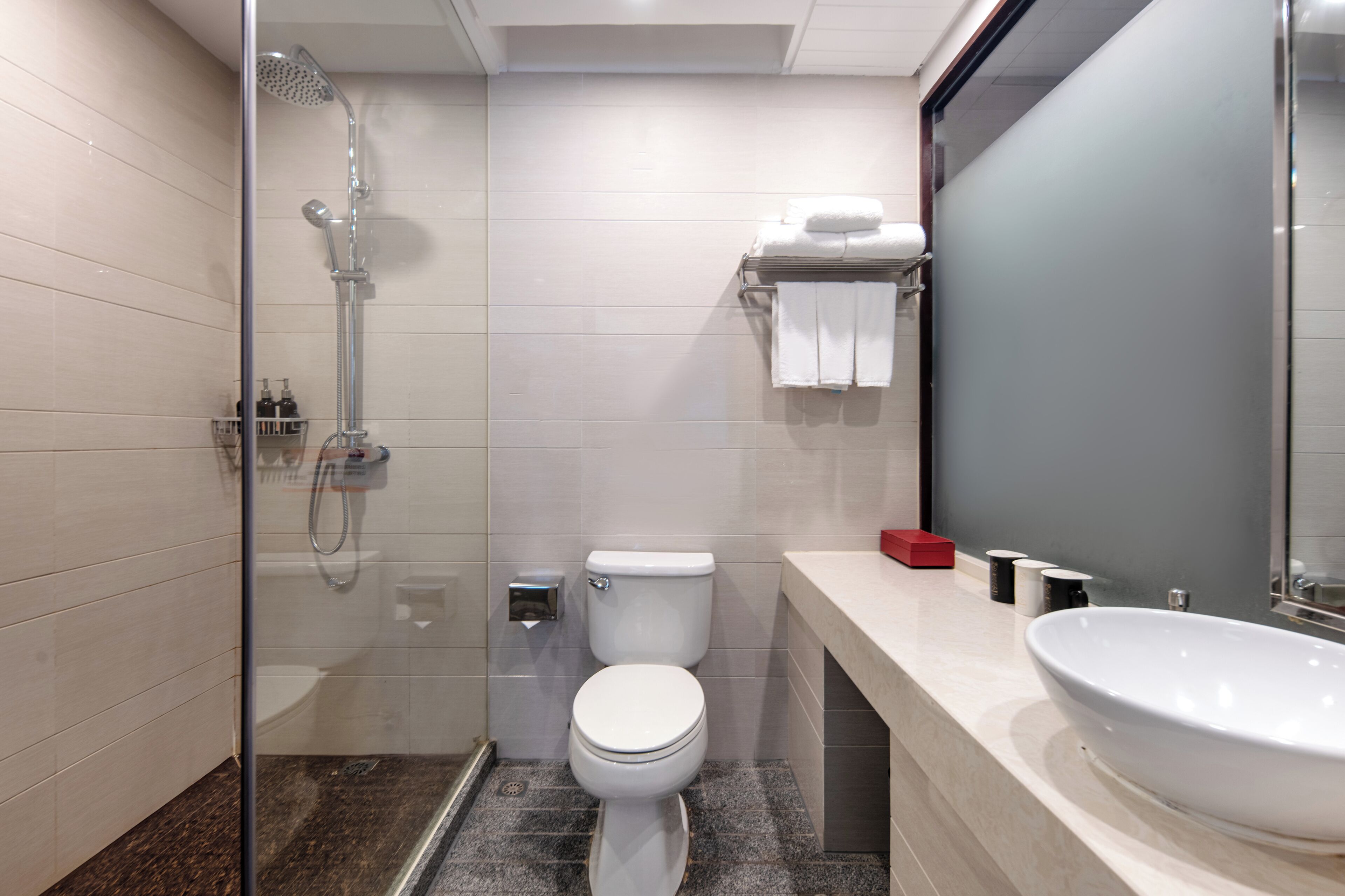 Un baño moderno con ducha de vidrio, inodoro blanco y lavamanos grande.