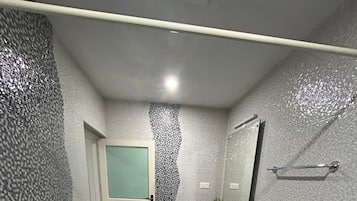 Hair dryer, towels, soap, toilet paper