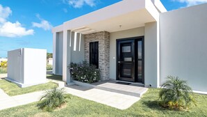 A modern house with a stone facade, a black door, and a small garden with palm plants.