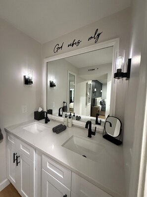 Hair dryer, towels, soap, toilet paper