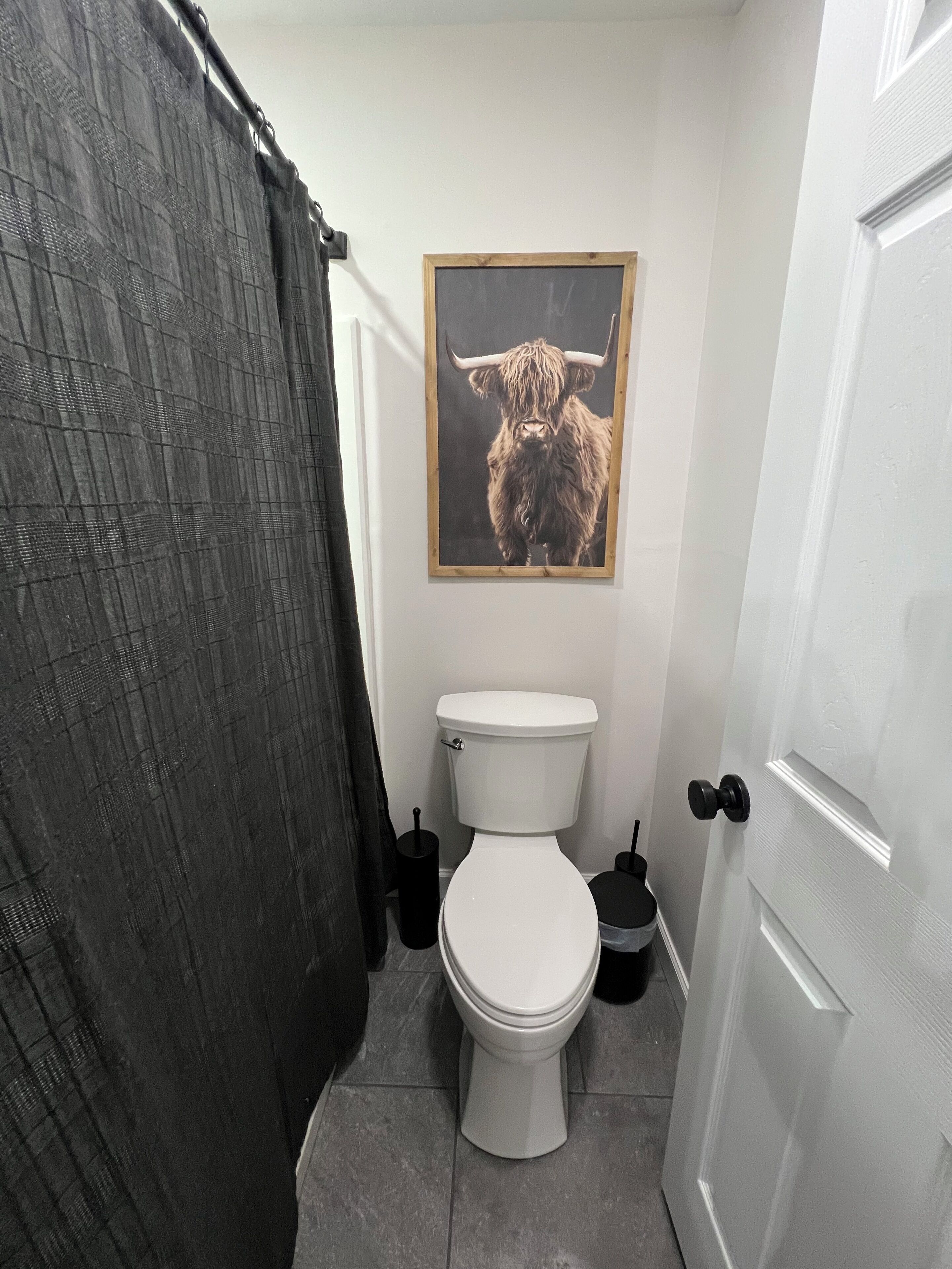 Een badkamer met een toilet, een zwarte toiletborstel, een zwarte prullenbak en een lijst met een afbeelding van een stier erop.