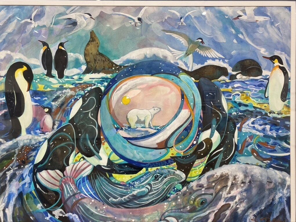 A painting of penguins, a polar bear, and birds in a colorful ocean scene.
