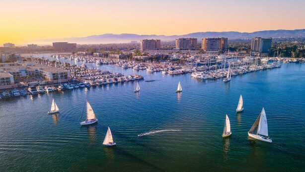 A marina with multiple sailboats and a cityscape in the background. - Oceanfront Oasis: Serene 1bd Retreat in MDR/Venice (Marina del Rey)