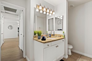 Hair dryer, towels, soap, shampoo