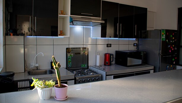 A modern kitchen with a gas stove, microwave, and refrigerator. There are two potted plants on the counter. - Enjoyable 2-bedroom apartment with WiFi in Uyuni (Uyuni)