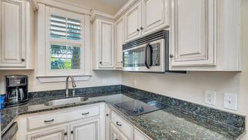 Fridge, microwave, dishwasher, coffee/tea maker