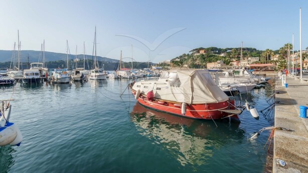 Ein Yachthafen mit verschiedenen Schiffen, darunter ein rotes Boot mit einer geschlossenen Kabine, und ein Hügel mit Gebäuden im Hintergrund.