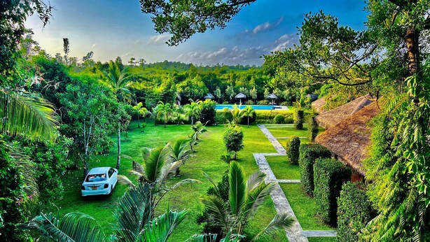 A lush garden with a swimming pool, a white car, and a thatched-roof structure. - Happy Man Village (Kosgoda)