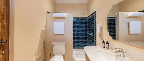 A bathroom with a toilet, sink, and shower area.