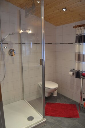 Chuveiro, secador de cabelo, toalhas de banho