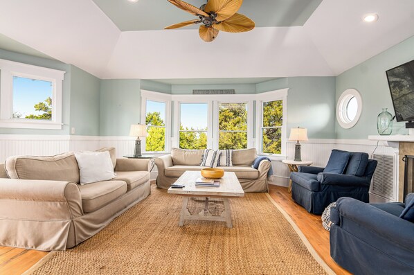 TV, fireplace, books