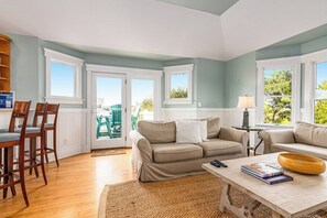 TV, fireplace, books