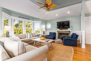 TV, fireplace, books