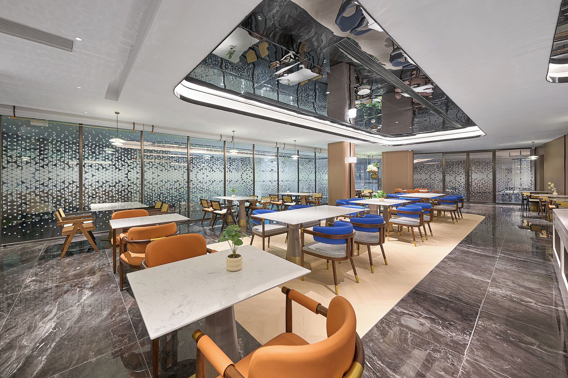 A modern dining area with multiple tables and chairs, large windows, and a high ceiling with a unique design.