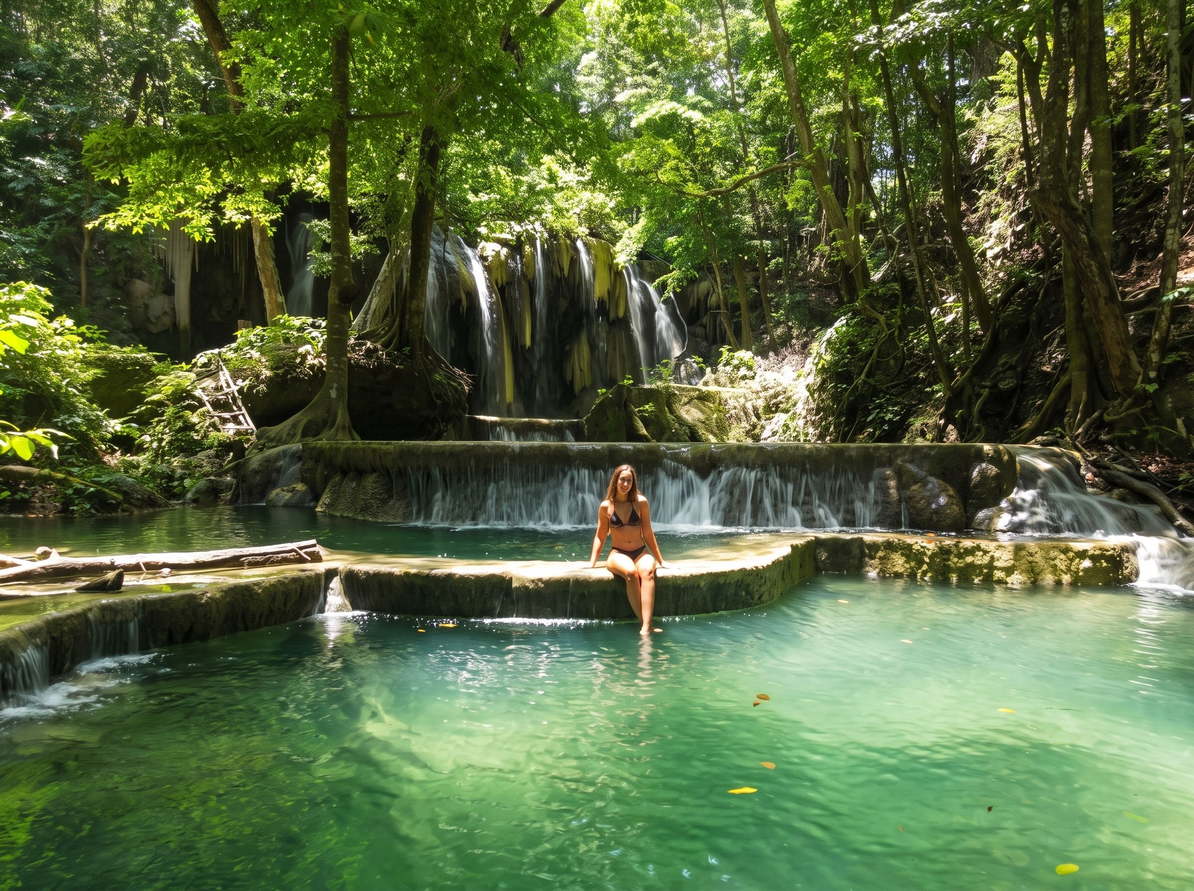 Eine Person sitzt in einem klaren Wasserbecken mit einem Wasserfall im Hintergrund.