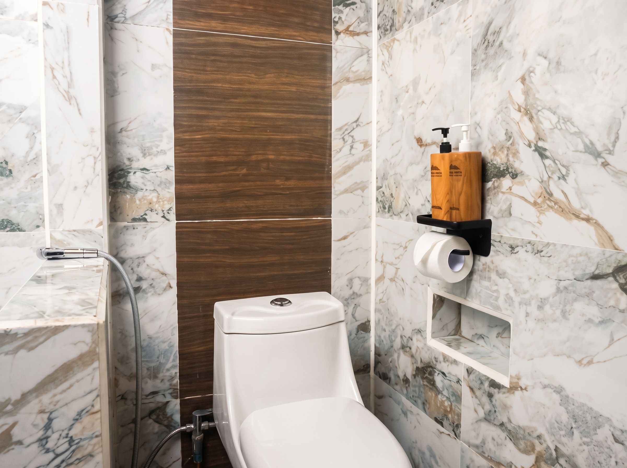 A bathroom with a toilet, a wooden shelf with toiletries, and marble walls.